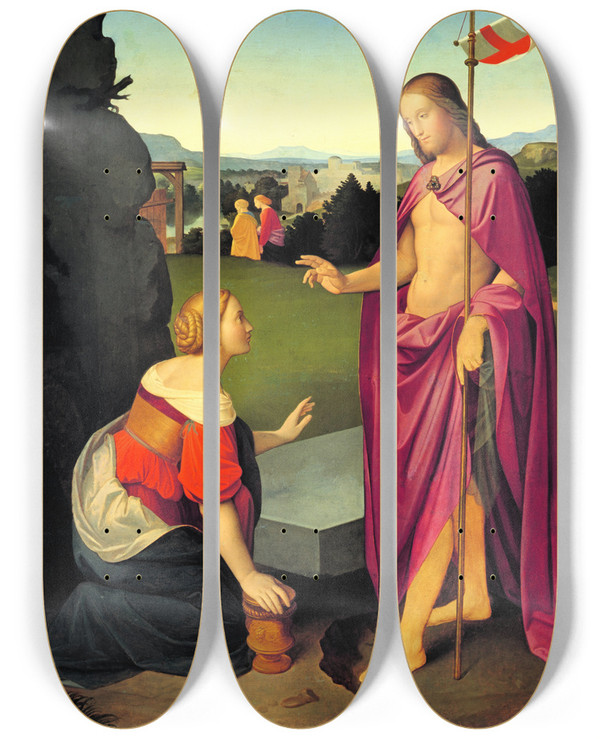 Triptych art skateboard deck of Johann Friedrich Overbeck Easter Morning by Johann Friedrich Overbeck (1789-1869)