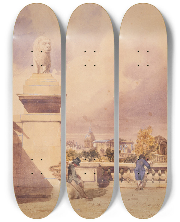 Triptych art skateboard deck of Thomas Shotter Boys Le Pont De La Concorde Et La Chambre Des Dputs Vue Prise De La Terrasse Des Tuileries by Thomas Shotter Boys (1803-1874)