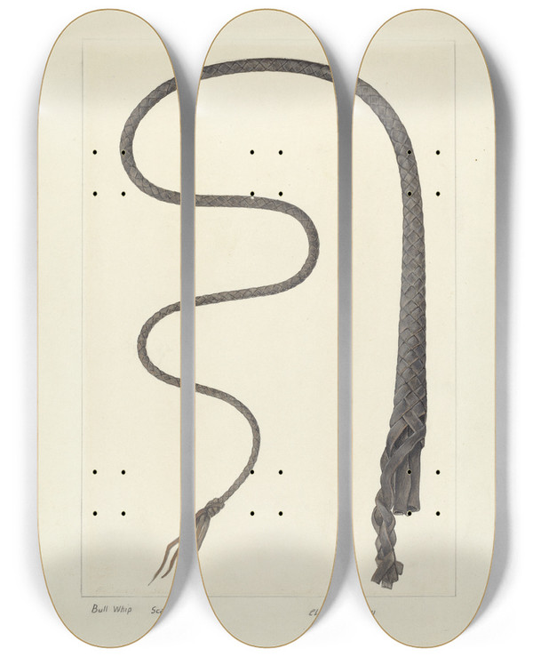 Triptych art skateboard deck of Clyde L Cheney Bull Whip by Clyde L Cheney