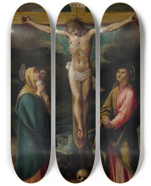 Triptych art skateboard deck of Francesco Vanni La Crucifixion by Francesco Vanni (1563-1610)