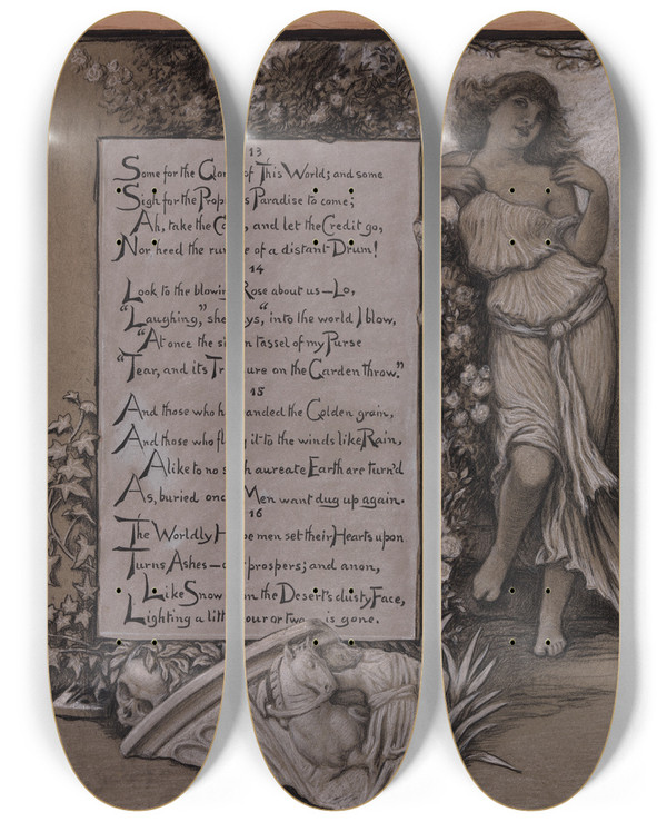 Triptych art skateboard deck of Elihu Vedder The Blowing Rose by Elihu Vedder (1836-1923)