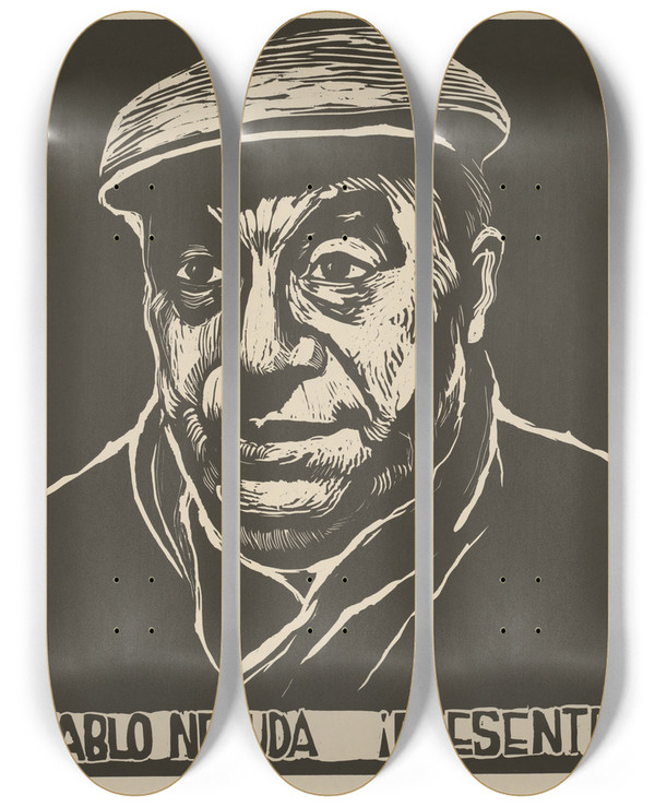 Triptych art skateboard deck of Rachael Romero Pablo Neruda Presente by Rachael Romero (1953)