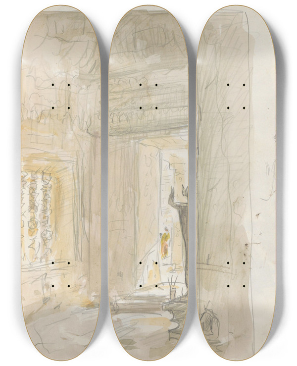 Triptych art skateboard deck of Marius Bauer Interieur Van De Angkor Wat Tempel In Cambodja by Marius Bauer (1867-1932)