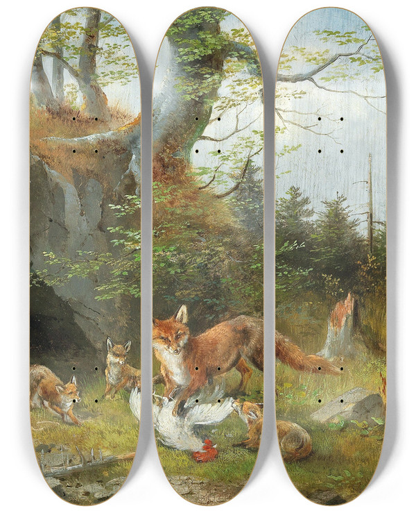 Triptych art skateboard deck of Moritz Mller Young Fox Family With Prey by Moritz Melzer (1841-1899)