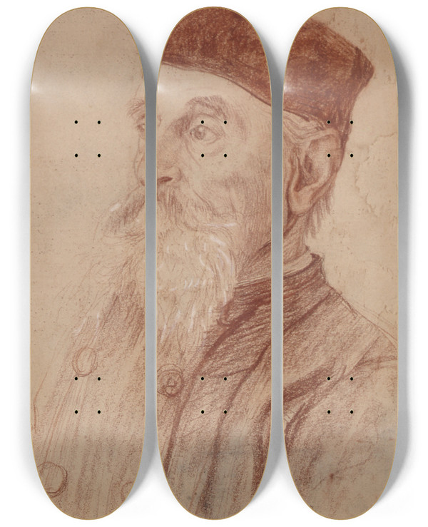 Triptych art skateboard deck of Thrse Schwartze Oude Heer Met Kalotje by Therese Schwartze (1851-1918)