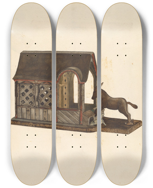 Triptych art skateboard deck of Edward D Williams Toy Bank by Edward D Williams