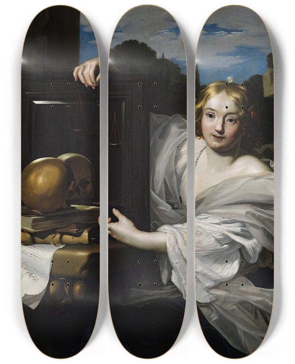 Triptych art skateboard deck of Nicolas Regnier An Allegory Of Wisdom by Nicolas Regnier (1591-1667)