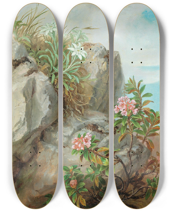 Triptych art skateboard deck of Anna Stainerknittel Alpine Roses by Anna Stainer-Knittel (1841-1915)
