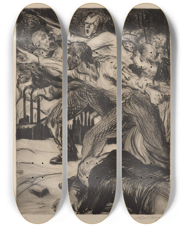 Triptych art skateboard deck of Albert Sterner Riot_1 by Albert Sterner (1863-1946)