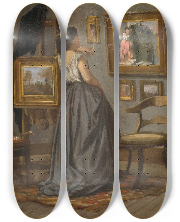 Triptych art skateboard deck of David Jacobsen A Lady In The Studio by David Jacobsen (1821-1871)