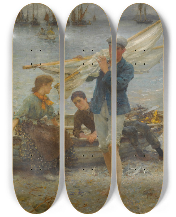 Triptych art skateboard deck of Henry Scott Tuke Return From Fishing by Henry Scott Tuke (1858-1929)