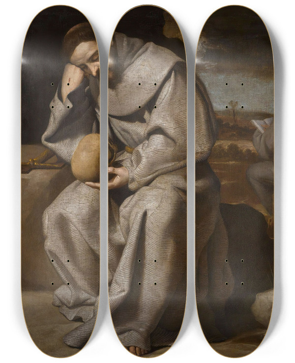 Triptych art skateboard deck of Antonio Arias Fernndez Saint Francis by Antonio Arias Fernandez (1614-1684)