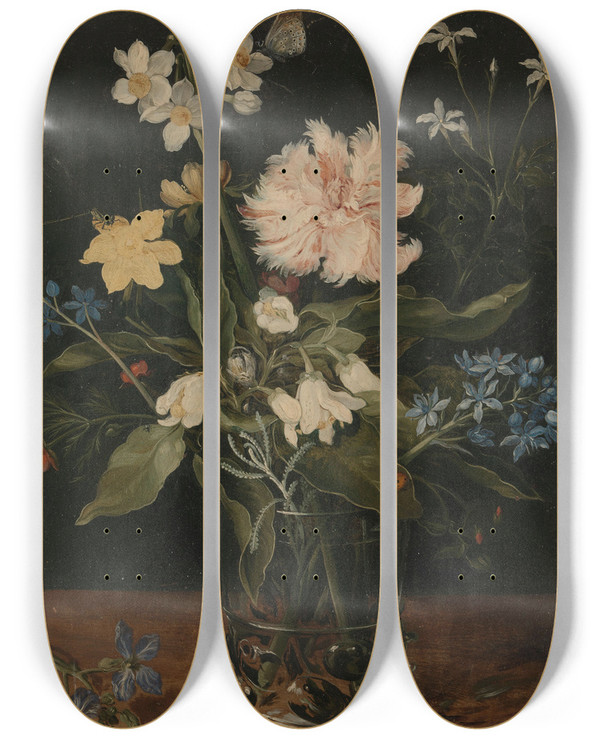 Triptych art skateboard deck of Jan Brueghel The Younger Still Life With Flowers In A Glass by Jan Brueghel the Younger (1601-1678)