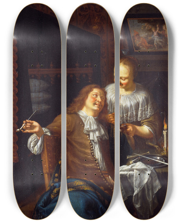 Triptych art skateboard deck of Jan Van Mieris Lady And Cavalier by Jan Van Mieris (1660-1690)