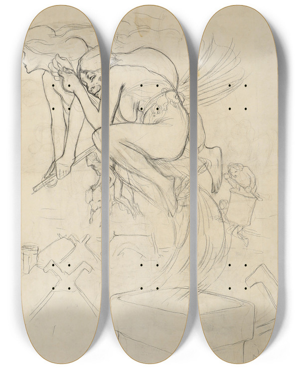 Triptych art skateboard deck of Alphonse Mucha Witches by Alphonse Mucha (1860-1939)