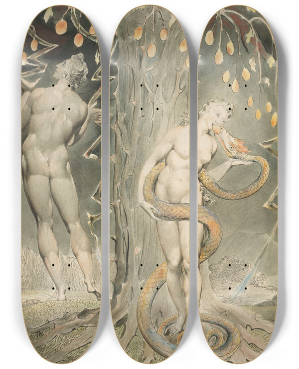 Triptych art skateboard deck of William Blake The Temptation And Fall Of Eve by William Blake (1757-1827)