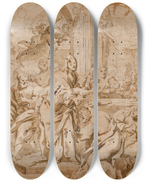 Triptych art skateboard deck of Girolamo Bonini Religious Scene_2 by Girolamo Bonini (1660-1680)