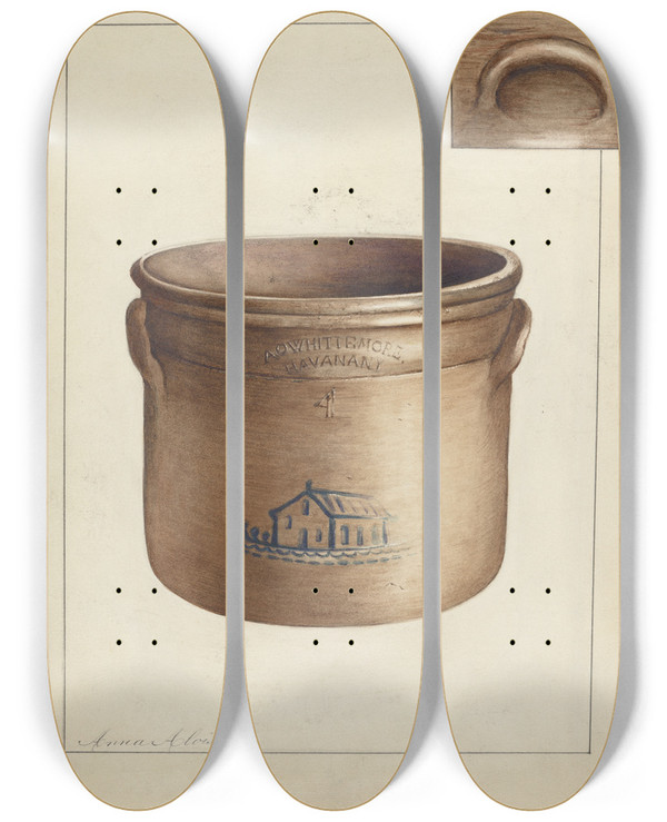 Triptych art skateboard deck of Anna Aloisi Stoneware Crock by Anna Aloisi