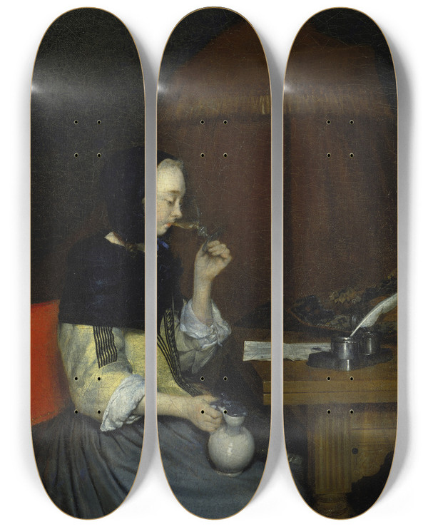 Triptych art skateboard deck of Gerard Ter Borch Woman With Wine Glass by Gerard Ter Borch (1617-1681)