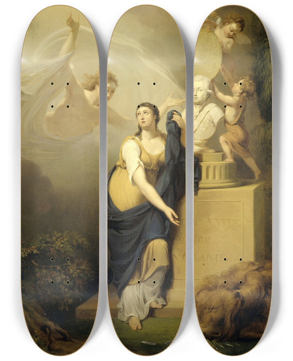Triptych art skateboard deck of Jan Willem Pieneman Allegory Of The Death Of William V Prince Of Orange 1806 by Jan Willem Pieneman (1779-1853)