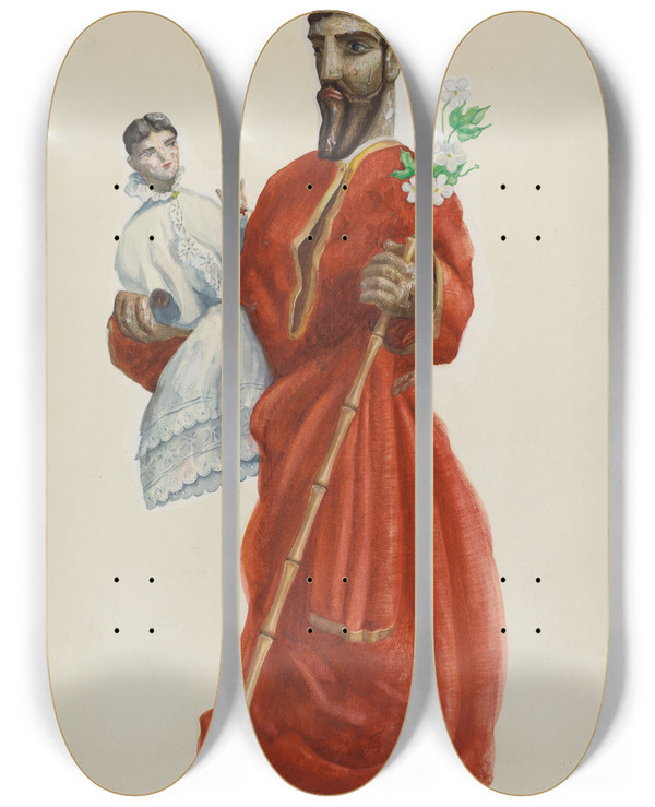 Triptych art skateboard deck of Majel G Claflin Carved And Painted Santo San Jose by Majel G Claflin (1893-1941)