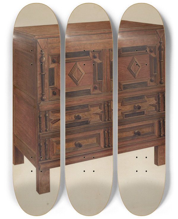 Triptych art skateboard deck of Charles Squires Chest With Two Drawers by Charles Squires