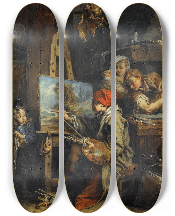 Triptych art skateboard deck of Franois Boucher The Landscape Painter by Francois Boucher (1703-1770)