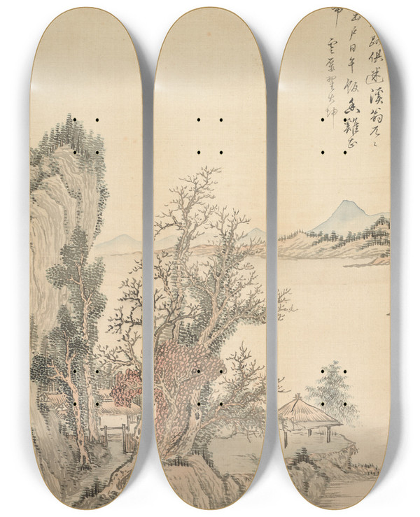 Triptych art skateboard deck of Tsubaki Chinzan Dwelling By The Shore by Tsubaki Chinzan (1801-1854)