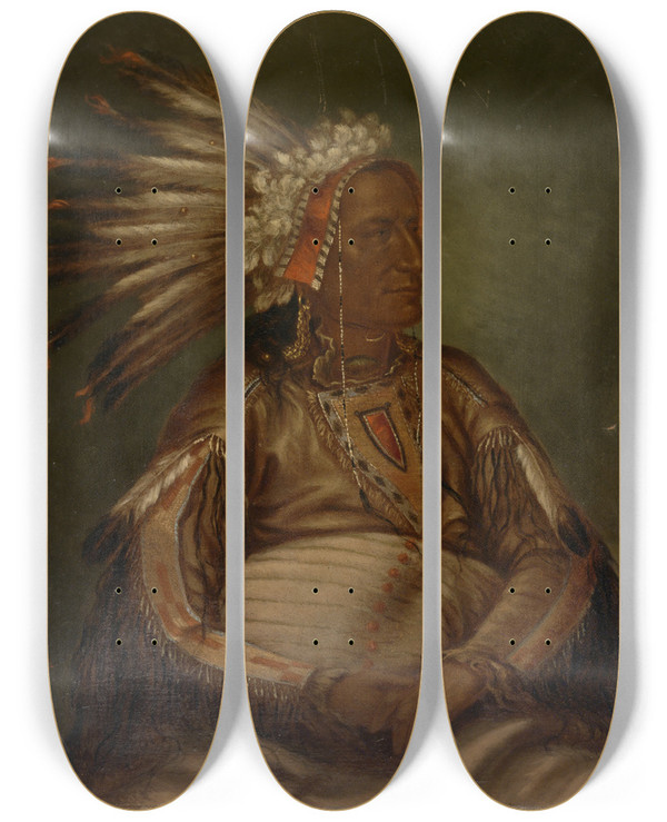 Triptych art skateboard deck of Antonio Zeno Shindler Omataahluta Red Plume by Antonio Zeno Shindler (1823-1899)