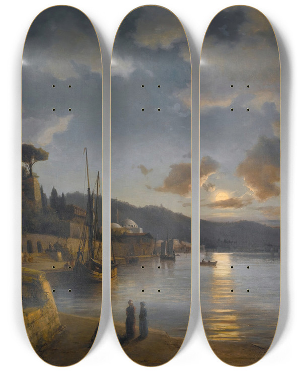 Triptych art skateboard deck of Anton Melbye A Turkish Harbour By Moonlight by Anton Melbye (1818-1875)