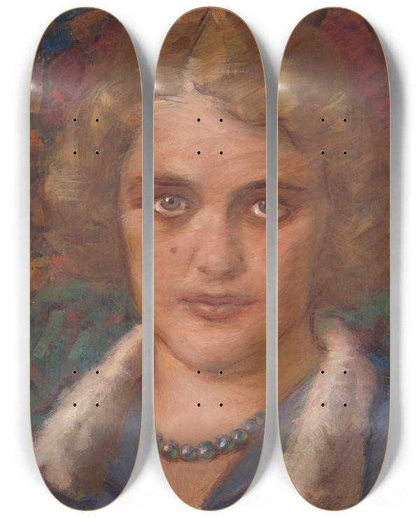 Triptych art skateboard deck of Milan Thomka Mitrovsk Portrait Of A Girl With Beads by Milan Thomka Mitrovsky (1875-1943)