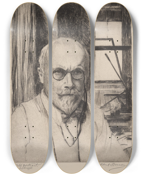 Triptych art skateboard deck of Albert Sterner Selfportrait by Albert Sterner (1863-1946)