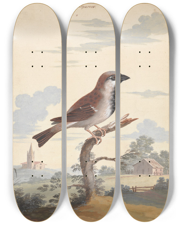 Triptych art skateboard deck of George Edwards The Cock Sparrow by George Edwards