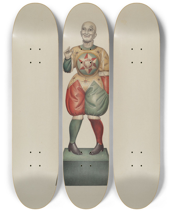 Triptych art skateboard deck of Robert Pohle Cigar Store Figure Clown by Robert Pohle