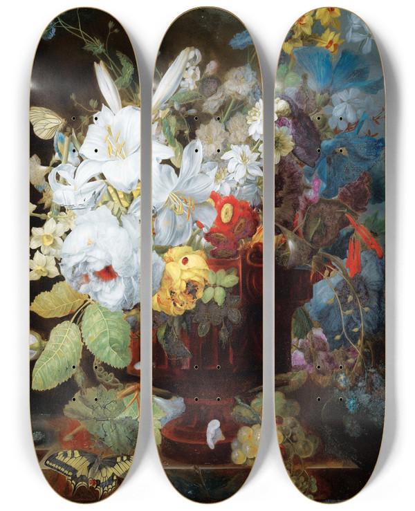 Triptych art skateboard deck of George Frederik Ziesel Still Life With Flowers_2 by George Frederik Ziesel (1756-1809)