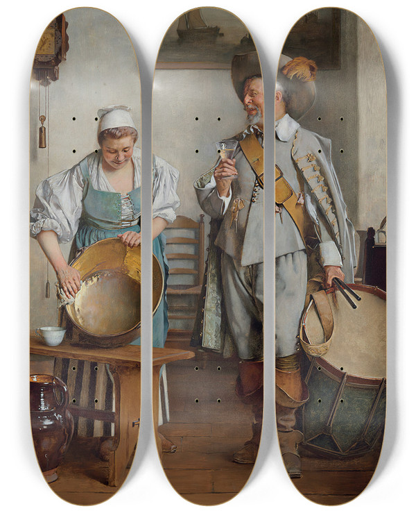 Triptych art skateboard deck of Eduard Charlemont A Drink For The Drummer by Eduard Charlemont (1848-1906)