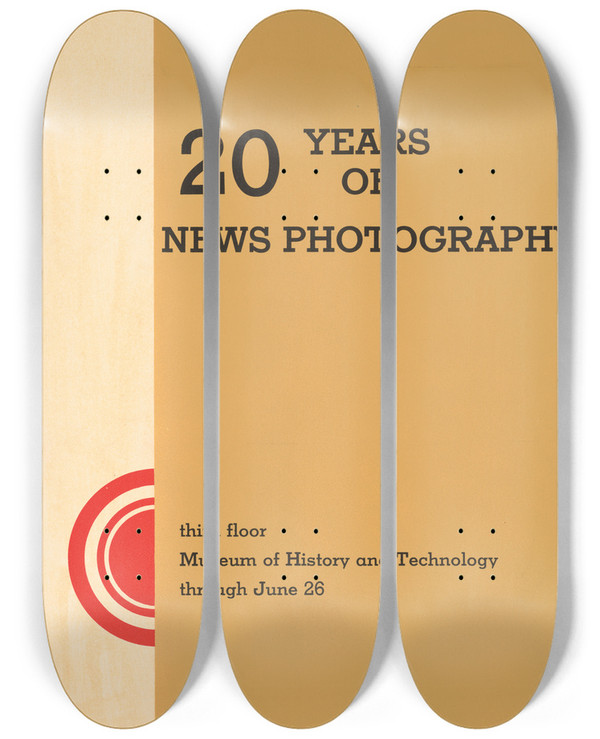 Triptych art skateboard deck of Robert Widder 20 Years Of News Photography Third Floor Museum Of History And Technology Through June 26 by Robert Widder (20-)