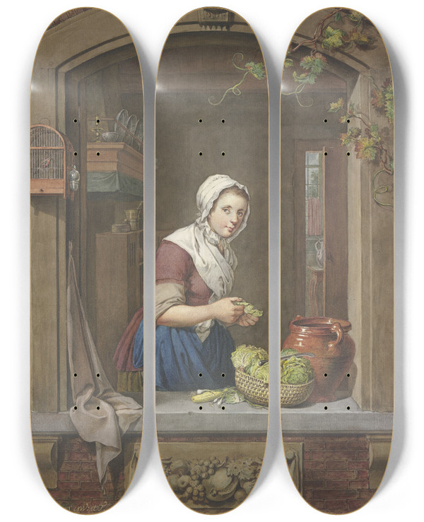 Triptych art skateboard deck of Jacobus Johannes Lauwers Kitchen Girl by Jacobus Johannes Lauwers (1753-1800)