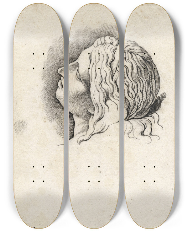 Triptych art skateboard deck of David Humbert De Superville Womans Head Bent Backwards by David Humbert De Superville (1770-1849)