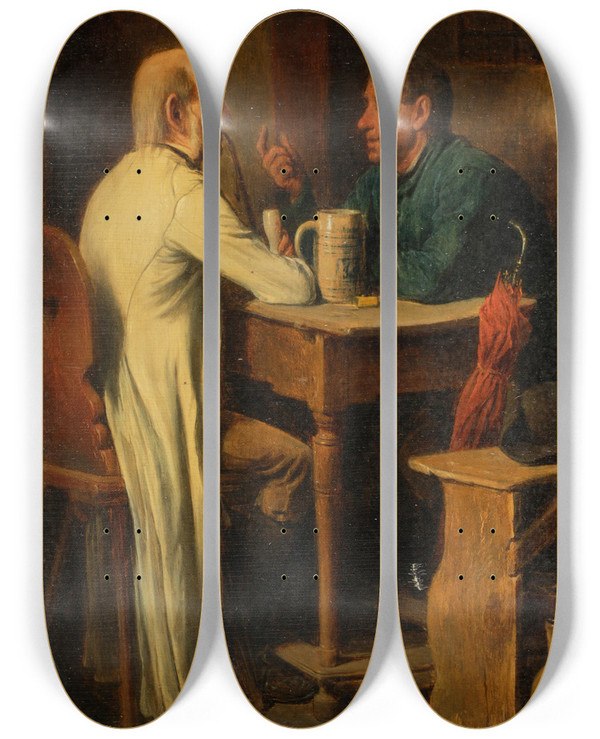 Triptych art skateboard deck of Friedrich Friedlnder Plausch Im Wirtshaus by Friedrich Friedlander (1825-1901)