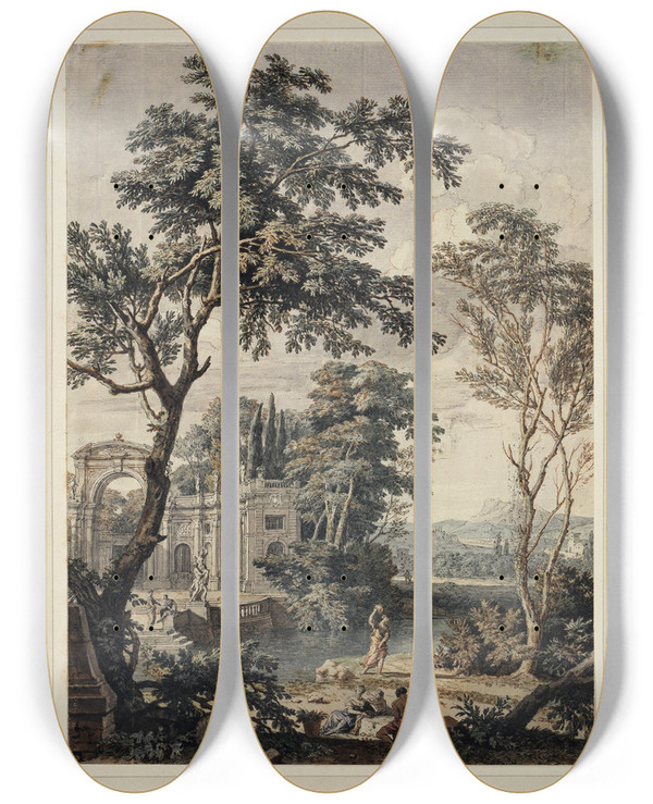 Triptych art skateboard deck of Isaac De Moucheron Arcadian Landscape With Palace Architecture by Isaac de Moucheron (1667-1744)
