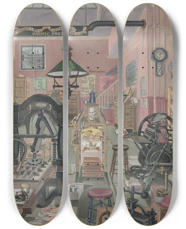 Triptych art skateboard deck of Perkins Harnly Print Shop 1870 by Perkins Harnly (1901-1986)