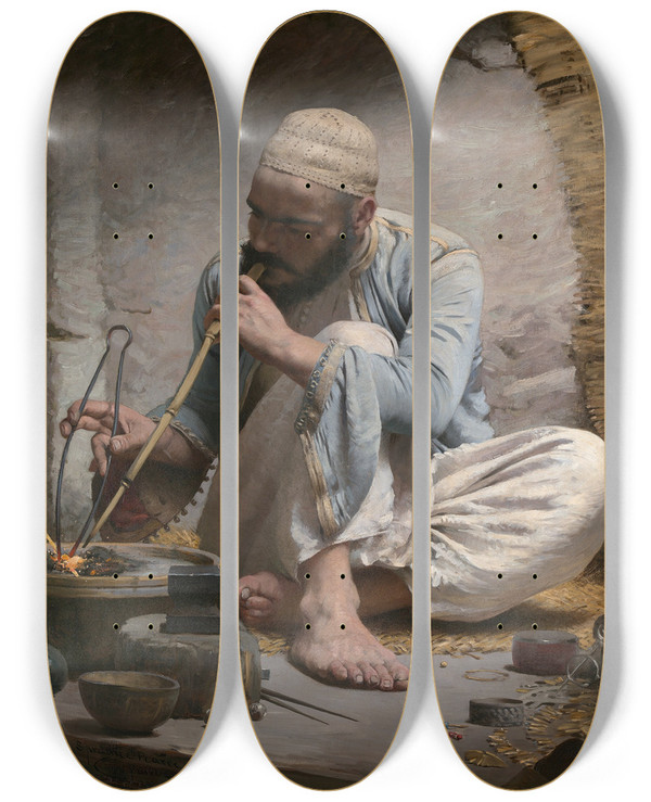 Triptych art skateboard deck of Charles Sprague Pearce The Arab Jeweler by Charles Sprague Pearce (1851-1914)