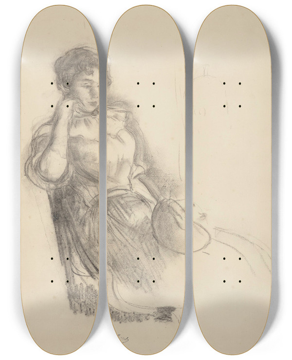 Triptych art skateboard deck of Berthe Morisot Study For La Robe Rose by Berthe Morisot (1841-1895)