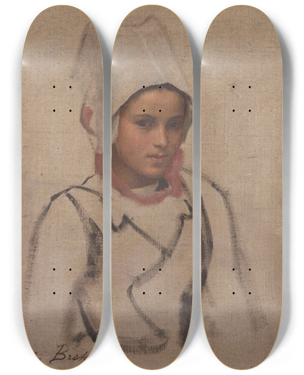 Triptych art skateboard deck of Jules Breton Tte De Jeune Bretonne Tude Pour Le Pardon by Jules Breton (1827-1906)
