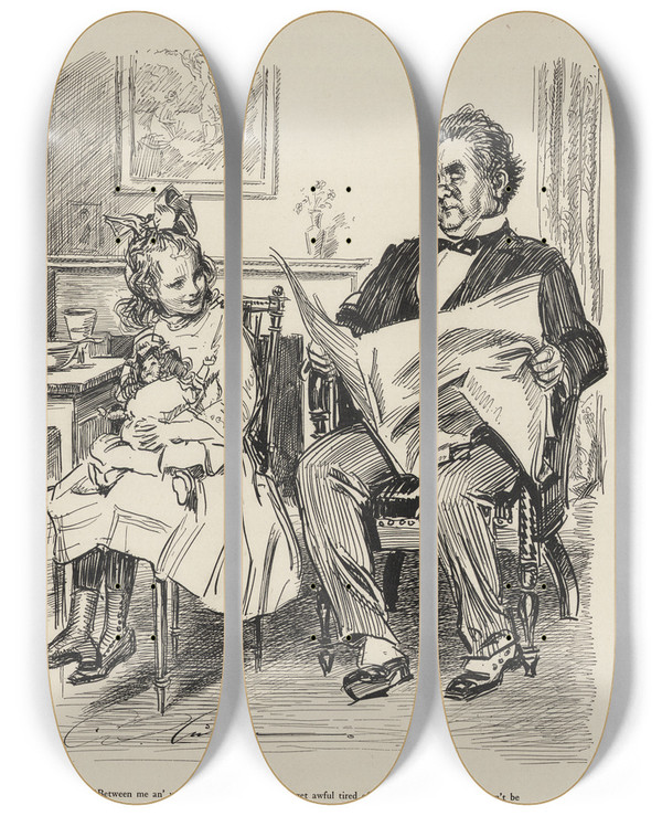 Triptych art skateboard deck of Charles Dana Gibson Between Me An You Uncle Jasper Dont You Get Awful Tired Of Doin What Youre Told by Charles Dana Gibson (1867-1944)