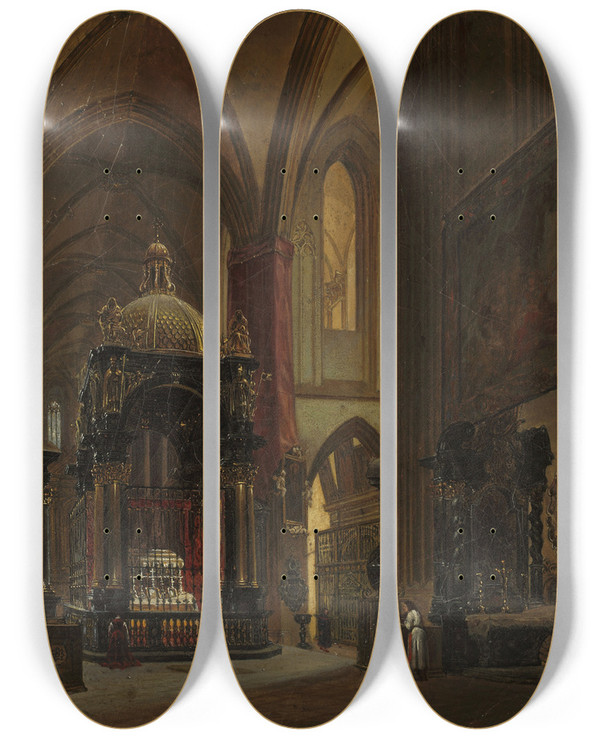 Triptych art skateboard deck of Aleksander Gryglewski Interior Of The Wawel Cathedral by Aleksander Gryglewski (1833-1879)