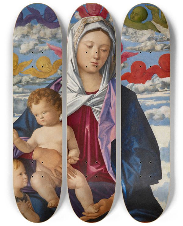 Triptych art skateboard deck of Giovanni Bellini Madonna And Child With St John The Baptist by Giovanni Bellini (1426-1516)