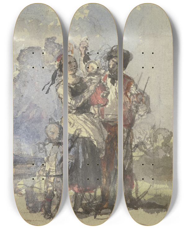 Triptych art skateboard deck of Jakob Becker Farmers On A Path by Jakob Becker (1810-1872)