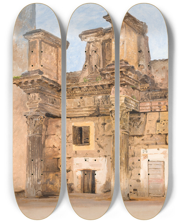 Triptych art skateboard deck of Constantin Hansen The Temple Of Minerva On The The Forum Of Nerva In Rome by Constantin Hansen (1804-1880)